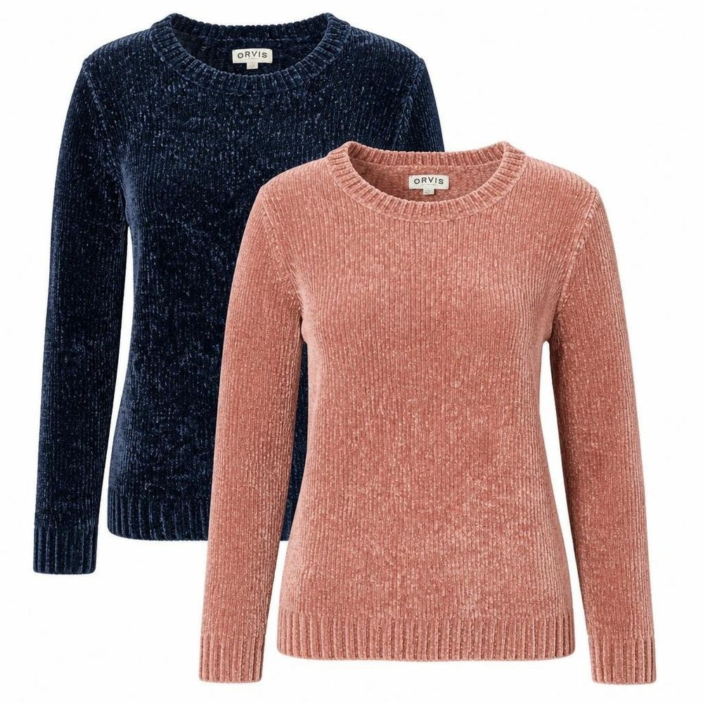 Orvis Chenille Sweater Womens XL Lot of 2 Blue Pink Pullover Knit Soft Luxury